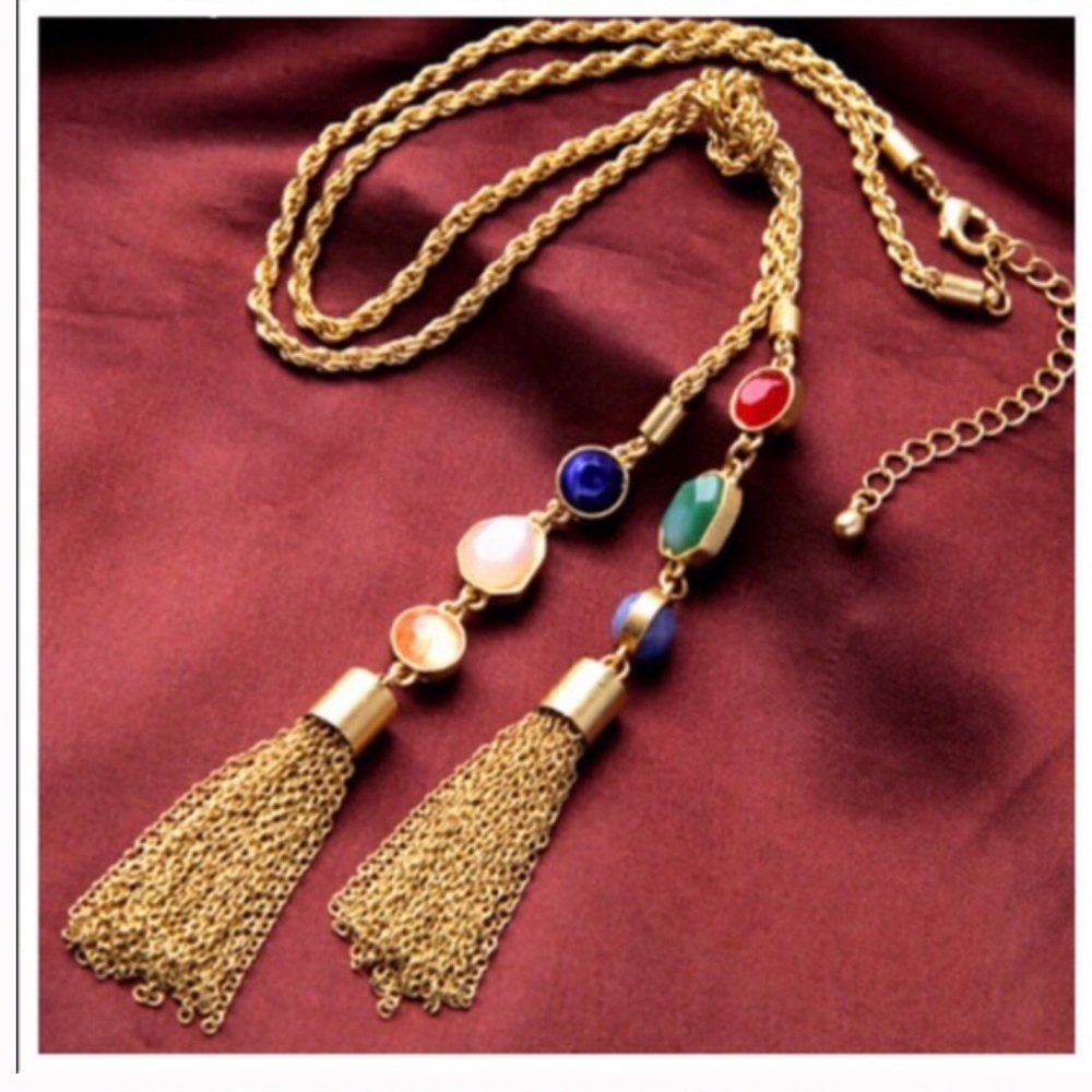 Gold necklace w/tassels & colored stones - Picture 1 of 7
